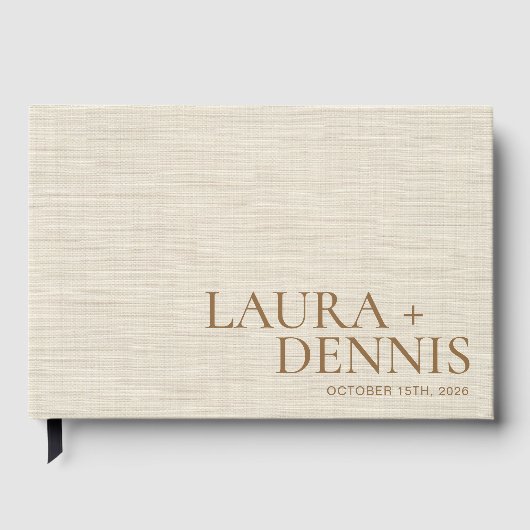 Elegante Beige Linnen Script Trouwnaam Gastenboek (Voorkant)