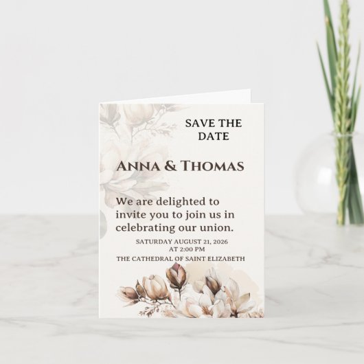 Elegante Beige Magnolia Bewaar de datum Kaart (Voorkant)