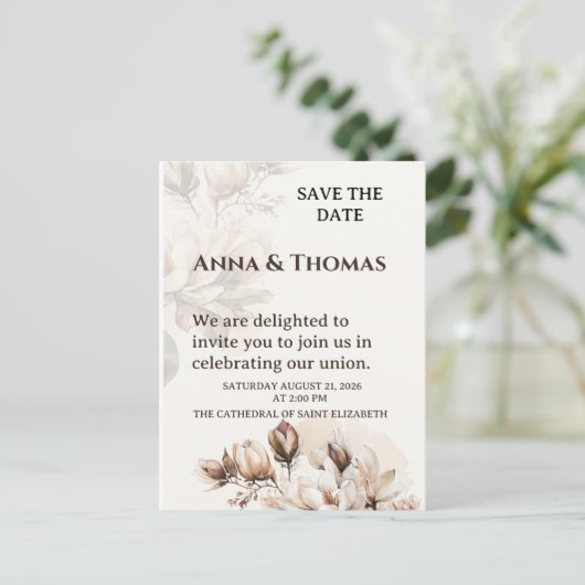 Elegante Beige Magnolia Bewaar de datum Kaart (Staand voorkant)