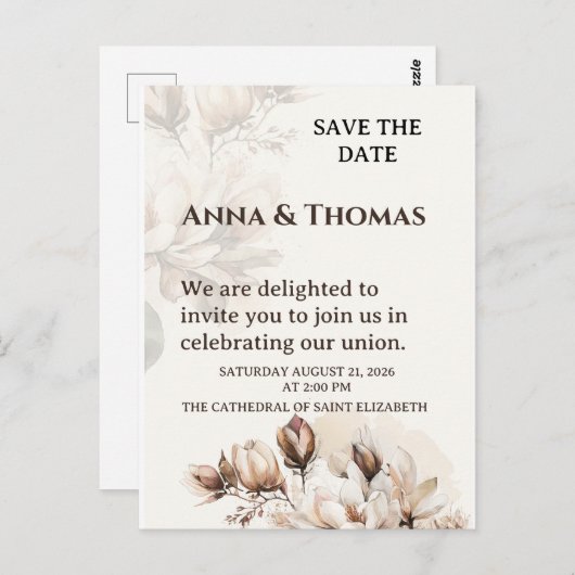 Elegante Beige Magnolia Bewaar de datum Kaart (Voorkant / Achterkant)