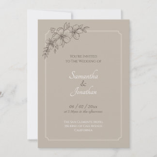 Elegante Beige met Bruine Bloem Bruiloft Uitnodigi Kaart