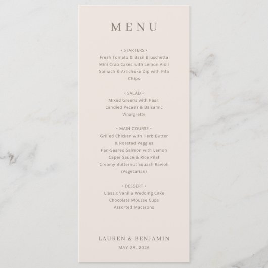 Elegante Beige Minimalistische Menu (Voorkant)