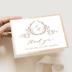 Elegante Beige Monogrammed, Waterverf bruiloft Bedankkaart
