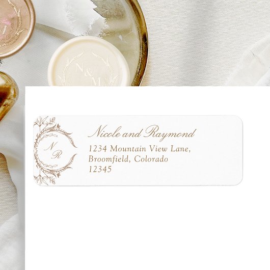 Elegante Beige Monogrammed Wedding Return Adres Etiket
