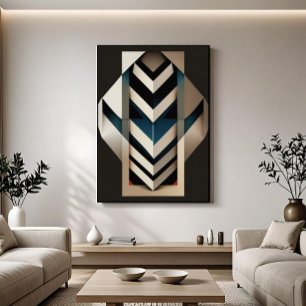 Elegante Beige Navy Art Deco Geometrische Chevron Canvas Afdruk