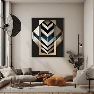 Elegante Beige Navy Art Deco Geometrische Chevron Poster