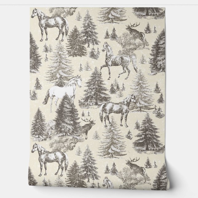 Elegante  beige paarden in Bossen met sneeuw Behang (Afrollen)