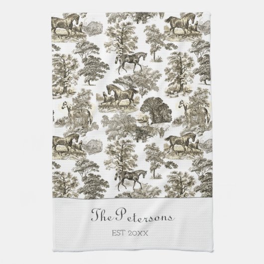 Elegante Beige Paarden Toile rustieke boerderij Theedoek (Verticaal)