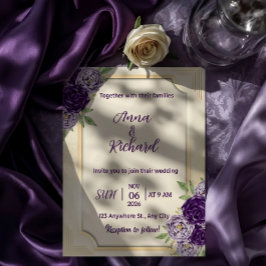 Elegante beige & paarse bloemen bruiloft uitnodigi kaart