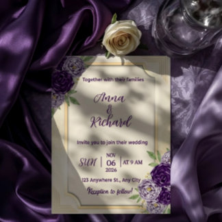 Elegante beige & paarse bloemen bruiloft uitnodigi kaart