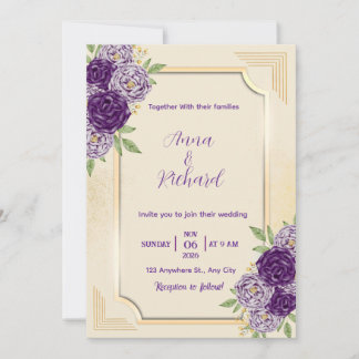 Elegante beige & paarse bloemen bruiloft uitnodigi kaart