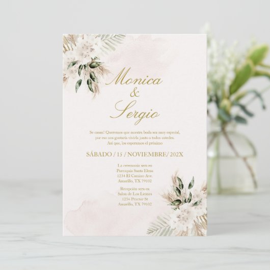 Elegante beige pampa bruiloft uitnodiging in het S (Staand voorkant)