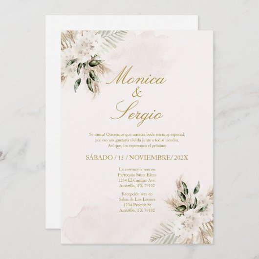 Elegante beige pampa bruiloft uitnodiging in het S (Voorkant / Achterkant)