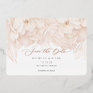 Elegante beige pioen trouwkaart save the date folie uitnodiging