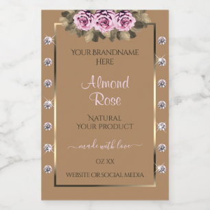 Elegante beige productlabels roze rozen diamanten voedselcontainer etiket