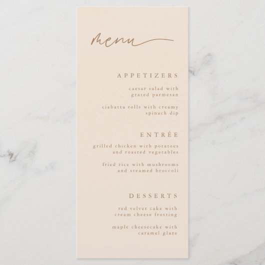 Elegante Beige Script Trouw Menu (Voorkant)