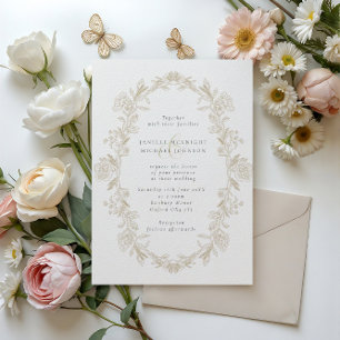Elegante Beige Toile Bloemen Krans Trouwen Kaart