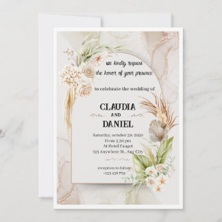 Elegante Beige Watercolor Bloemige Trouwuitnodigin Kaart