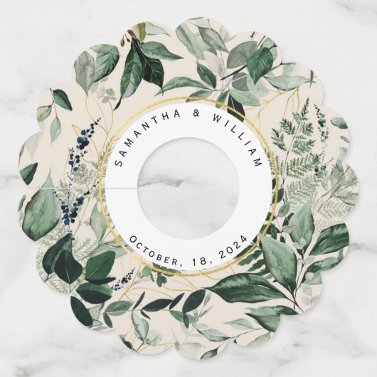 Elegante beige waterverf groen bruiloft wijnglaslabel (Voorkant)