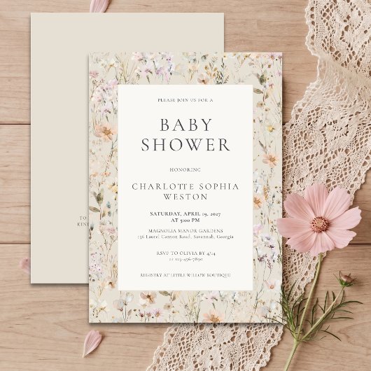 Elegante Beige Wilde Bloem QR Code Baby Shower Kaart