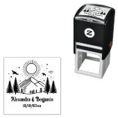 Elegante Bergen Bomen Zon Vogels Paar Naam Datum Zelfinktende Stempel (In situ)