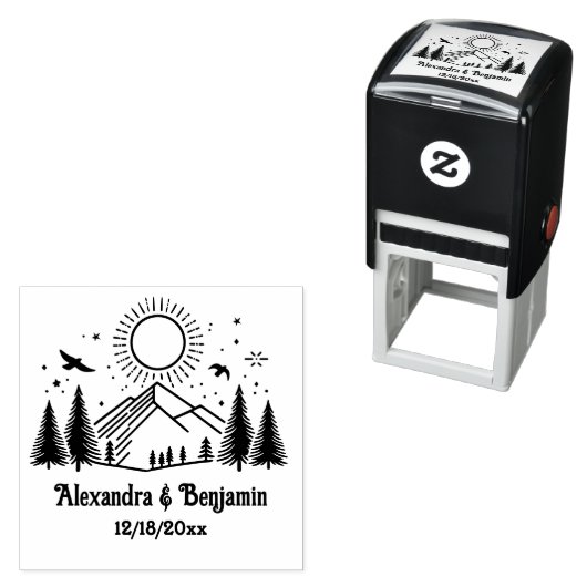 Elegante Bergen Bomen Zon Vogels Paar Naam Datum Zelfinktende Stempel (In situ)