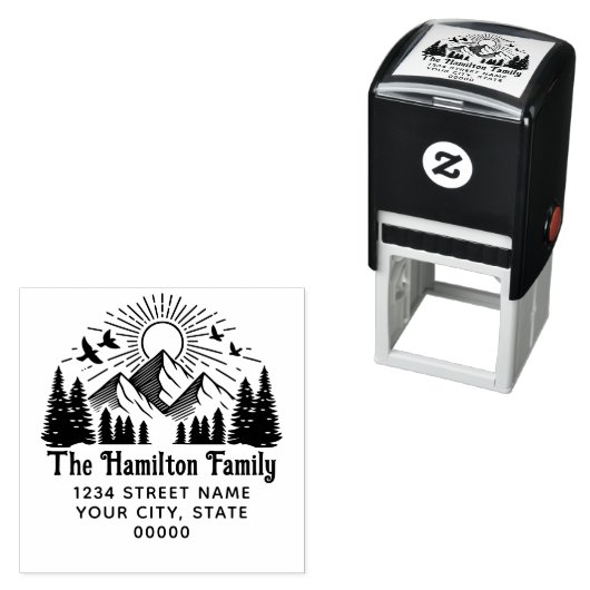 Elegante Bergen Bomen Zonnevogels #2 Naam Adres Zelfinktende Stempel (In situ)