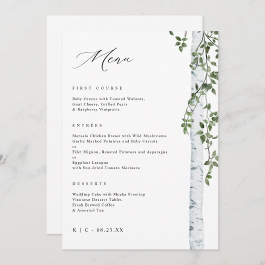 Elegante berk boom Aspen groen bruiloft menu (Voorkant / Achterkant)