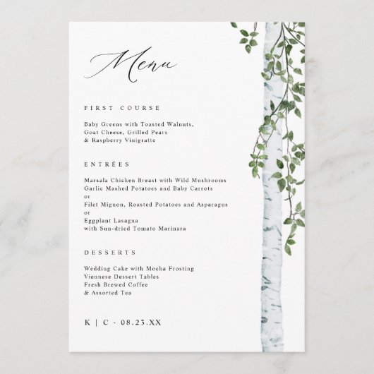 Elegante berkene boom espen groen wedding menu (Voorkant)