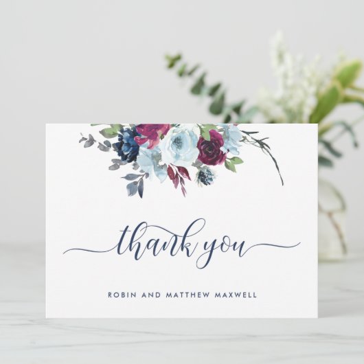 Elegante Berry, Blauw en Bourgondische Bloemen Dan Bedankkaart (Staand voorkant)