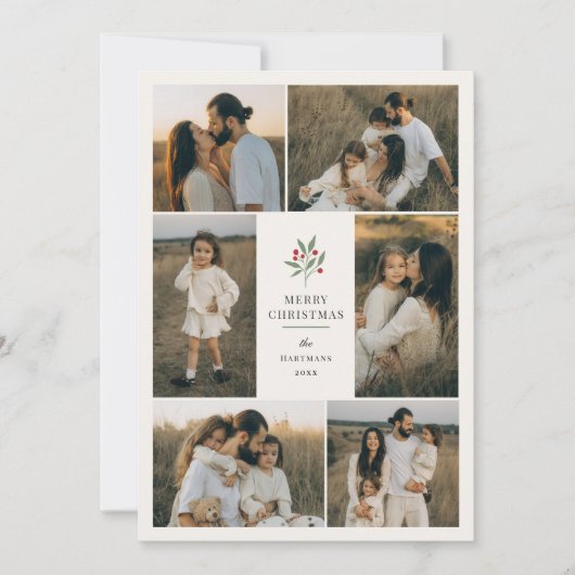 Elegante Berry Botanical Christmas 6 Fotocollage Feestdagenkaart (Voorkant)