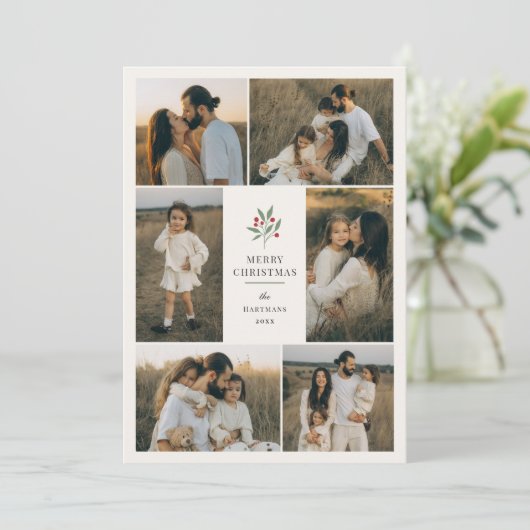 Elegante Berry Botanical Christmas 6 Fotocollage Feestdagenkaart (Staand voorkant)