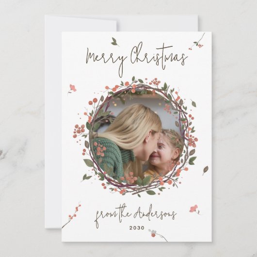 Elegante Berry Krans Foto Kerstmis Feestdagenkaart (Voorkant)
