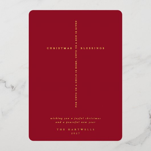 Elegante Berry Red Scripture Cross Folie Feestdagenkaart (Voorkant)