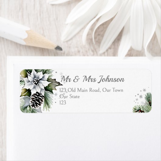 Elegante besneeuwde dennen witte poinsettia etiket (Insitu)