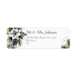 Elegante besneeuwde dennen witte poinsettia etiket