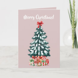 Elegante besneeuwde kerstboom roze kaart