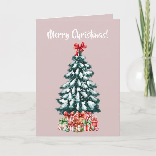 Elegante besneeuwde kerstboom roze kaart (Voorkant)