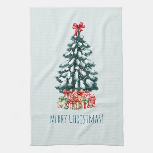 Elegante besneeuwde kerstboom theedoek (Verticaal)