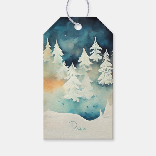 Elegante besneeuwde winterbomen cadeaulabel (Voorkant)