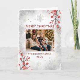 Elegante Bessen Sneeuwvlokken Familie Foto Kerstmi Feestdagen Kaart