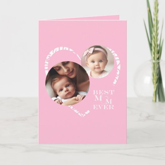 Elegante "Best Mom Ever" Pink & White Heart 3-Foto Notitiekaartje (Voorkant)