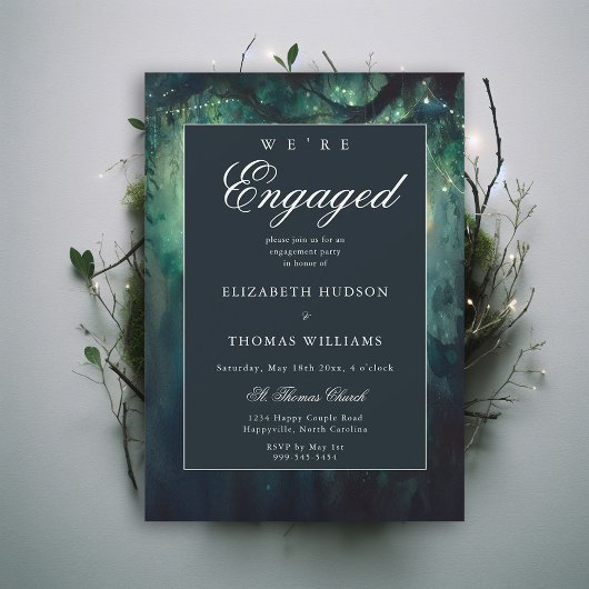 Elegante betoverde Forest Emerald Engagement Party Kaart