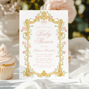 Elegante Betoverde Roze Bloemrijke Kader Baby Show Kaart