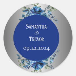 Elegante Betovering: Monogram Zilver & Blauw Ronde Sticker