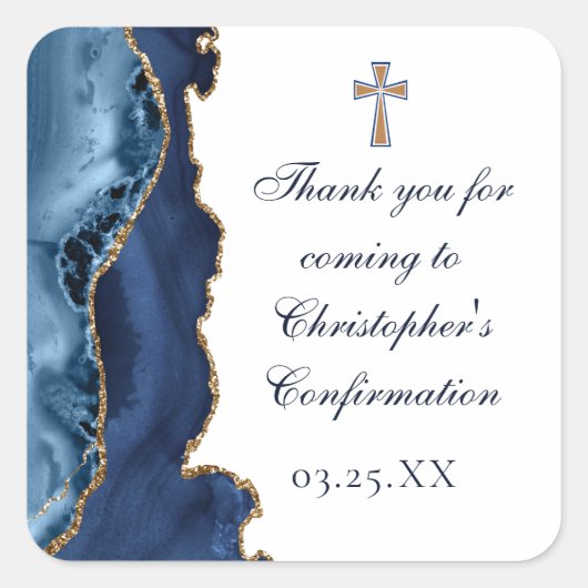 Elegante bevestiging Cross Navy Blue Gold Agaat Vierkante Sticker (Voorkant)