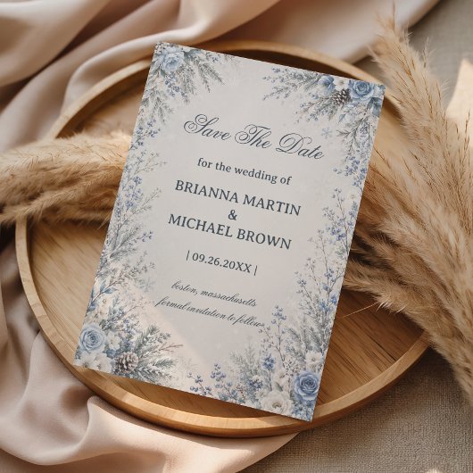 Elegante Bevroren Blauwe Botanische Harmonie Save The Date