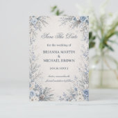 Elegante Bevroren Blauwe Botanische Harmonie Save The Date (Staand voorkant)