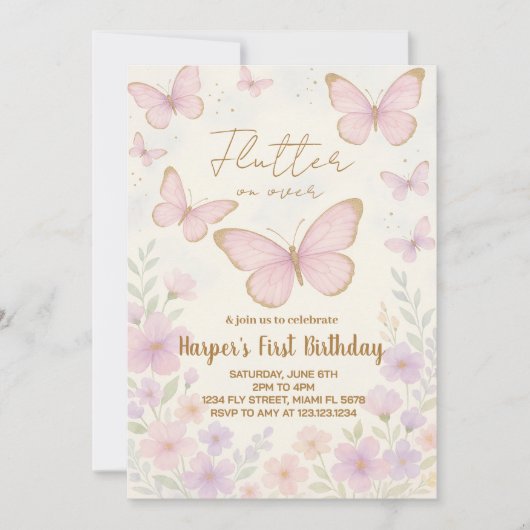 Elegante bewerkbare Butterfly verjaardagsuitnodigi Kaart (Voorkant)