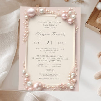 Elegante Bewerkbare Roze en Witte Parels Baby Kaart